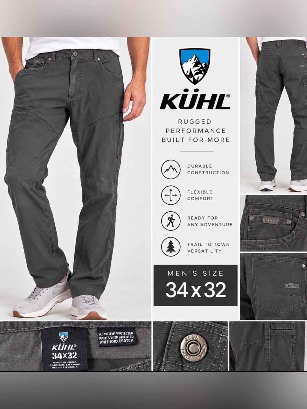 KÜHL Men’s 34x32 Gray Rugged Outdoor Utility Hiking Pants Stretch